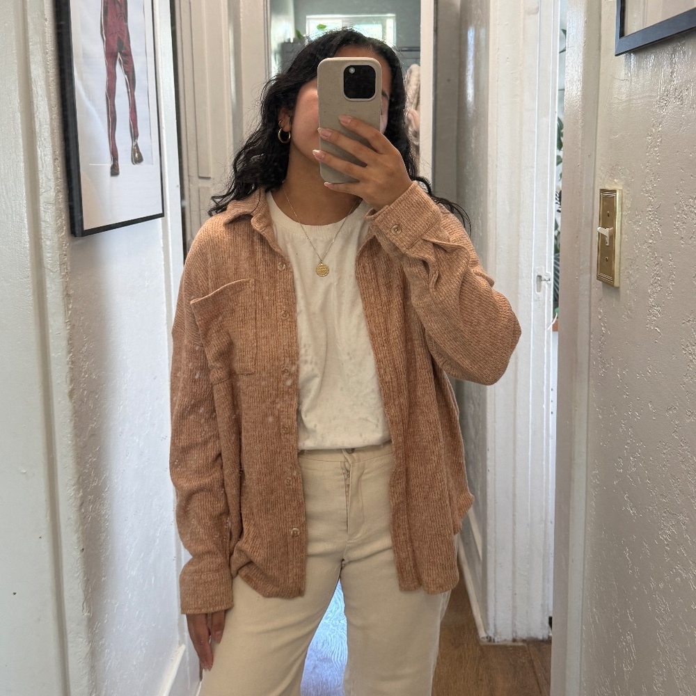 Lightweight Waffle Knit Tan Button Up Shirt